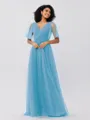 A-Line/Princess Tulle Ruffles V-neck Short Sleeves Floor-Length Bridesmaid Dresses