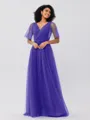A-Line/Princess Tulle Ruffles V-neck Short Sleeves Floor-Length Bridesmaid Dresses