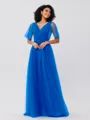 A-Line/Princess Tulle Ruffles V-neck Short Sleeves Floor-Length Bridesmaid Dresses