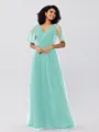 A-Line/Princess Tulle Ruffles V-neck Short Sleeves Floor-Length Bridesmaid Dresses