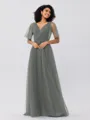 A-Line/Princess Tulle Ruffles V-neck Short Sleeves Floor-Length Bridesmaid Dresses