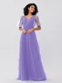 A-Line/Princess Tulle Ruffles V-neck Short Sleeves Floor-Length Bridesmaid Dresses