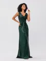 Sheath/Column Sequins Ruched V-neck Sleeveless Sweep/Brush Train Bridesmaid Dresses