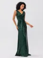 Sheath/Column Sequins Ruched V-neck Sleeveless Sweep/Brush Train Bridesmaid Dresses