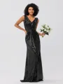 Sheath/Column Sequins Ruched V-neck Sleeveless Sweep/Brush Train Bridesmaid Dresses