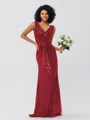 Sheath/Column Sequins Ruched V-neck Sleeveless Sweep/Brush Train Bridesmaid Dresses