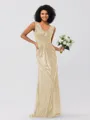 Sheath/Column Sequins Ruched V-neck Sleeveless Sweep/Brush Train Bridesmaid Dresses