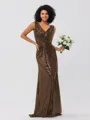 Sheath/Column Sequins Ruched V-neck Sleeveless Sweep/Brush Train Bridesmaid Dresses