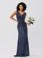 Sheath/Column Sequins Ruched V-neck Sleeveless Sweep/Brush Train Bridesmaid Dresses
