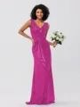 Sheath/Column Sequins Ruched V-neck Sleeveless Sweep/Brush Train Bridesmaid Dresses