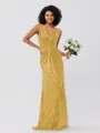 Sheath/Column Sequins Ruched V-neck Sleeveless Sweep/Brush Train Bridesmaid Dresses