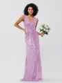 Sheath/Column Sequins Ruched V-neck Sleeveless Sweep/Brush Train Bridesmaid Dresses