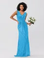 Sheath/Column Sequins Ruched V-neck Sleeveless Sweep/Brush Train Bridesmaid Dresses