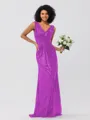 Sheath/Column Sequins Ruched V-neck Sleeveless Sweep/Brush Train Bridesmaid Dresses