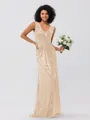 Sheath/Column Sequins Ruched V-neck Sleeveless Sweep/Brush Train Bridesmaid Dresses
