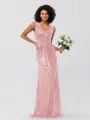 Sheath/Column Sequins Ruched V-neck Sleeveless Sweep/Brush Train Bridesmaid Dresses