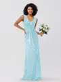 Sheath/Column Sequins Ruched V-neck Sleeveless Sweep/Brush Train Bridesmaid Dresses
