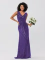Sheath/Column Sequins Ruched V-neck Sleeveless Sweep/Brush Train Bridesmaid Dresses