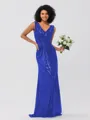 Sheath/Column Sequins Ruched V-neck Sleeveless Sweep/Brush Train Bridesmaid Dresses