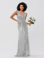 Sheath/Column Sequins Ruched V-neck Sleeveless Sweep/Brush Train Bridesmaid Dresses