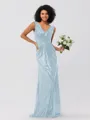 Sheath/Column Sequins Ruched V-neck Sleeveless Sweep/Brush Train Bridesmaid Dresses