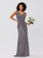 Sheath/Column Sequins Ruched V-neck Sleeveless Sweep/Brush Train Bridesmaid Dresses