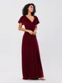 A-Line/Princess Velvet Ruched V-neck Short Sleeves Sweep/Brush Train Bridesmaid Dresses