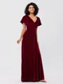 A-Line/Princess Velvet Ruched V-neck Short Sleeves Sweep/Brush Train Bridesmaid Dresses