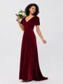 A-Line/Princess Velvet Ruched V-neck Short Sleeves Sweep/Brush Train Bridesmaid Dresses