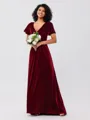 A-Line/Princess Velvet Ruched V-neck Short Sleeves Sweep/Brush Train Bridesmaid Dresses