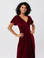 A-Line/Princess Velvet Ruched V-neck Short Sleeves Sweep/Brush Train Bridesmaid Dresses