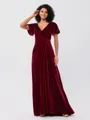A-Line/Princess Velvet Ruched V-neck Short Sleeves Sweep/Brush Train Bridesmaid Dresses