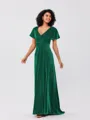 A-Line/Princess Velvet Ruched V-neck Short Sleeves Sweep/Brush Train Bridesmaid Dresses