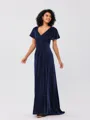 A-Line/Princess Velvet Ruched V-neck Short Sleeves Sweep/Brush Train Bridesmaid Dresses