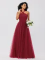 A-Line/Princess Tulle Ruffles Halter Sleeveless Floor-Length Bridesmaid Dresses