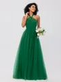 A-Line/Princess Tulle Ruffles Halter Sleeveless Floor-Length Bridesmaid Dresses