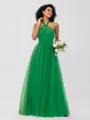 A-Line/Princess Tulle Ruffles Halter Sleeveless Floor-Length Bridesmaid Dresses