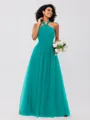 A-Line/Princess Tulle Ruffles Halter Sleeveless Floor-Length Bridesmaid Dresses