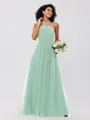 A-Line/Princess Tulle Ruffles Halter Sleeveless Floor-Length Bridesmaid Dresses