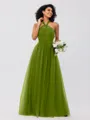 A-Line/Princess Tulle Ruffles Halter Sleeveless Floor-Length Bridesmaid Dresses