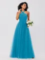 A-Line/Princess Tulle Ruffles Halter Sleeveless Floor-Length Bridesmaid Dresses