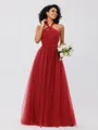 A-Line/Princess Tulle Ruffles Halter Sleeveless Floor-Length Bridesmaid Dresses