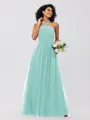 A-Line/Princess Tulle Ruffles Halter Sleeveless Floor-Length Bridesmaid Dresses