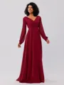 A-Line/Princess Chiffon Ruched V-neck Long Sleeves Floor-Length Bridesmaid Dresses