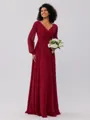 A-Line/Princess Chiffon Ruched V-neck Long Sleeves Floor-Length Bridesmaid Dresses