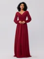 A-Line/Princess Chiffon Ruched V-neck Long Sleeves Floor-Length Bridesmaid Dresses