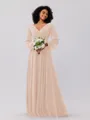 A-Line/Princess Chiffon Ruched V-neck Long Sleeves Floor-Length Bridesmaid Dresses