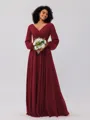A-Line/Princess Chiffon Ruched V-neck Long Sleeves Floor-Length Bridesmaid Dresses