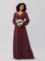 A-Line/Princess Chiffon Ruched V-neck Long Sleeves Floor-Length Bridesmaid Dresses