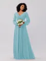 A-Line/Princess Chiffon Ruched V-neck Long Sleeves Floor-Length Bridesmaid Dresses